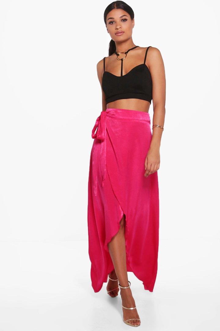 Boohoo Aria Tie Waist Wrap Front Luxe Maxi Skirt Magenta