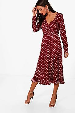Boohoo Polka Dot Wrap Front Ruffle Midi Tea Dress