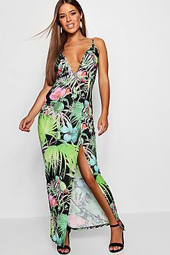 Boohoo Petite Tropical Plunge Maxi Dress