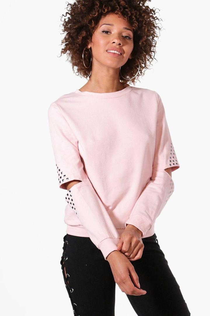 Boohoo Lily Studded Cut Out Sleeve Sweatshirt Pink