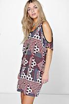 Boohoo Lizy Paisley Patchwork Open Shoulder Shift Dress