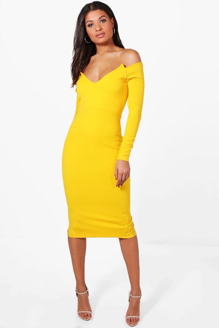 Boohoo Reeva Off Shoulder Neck Detail Midi Dress Freesia