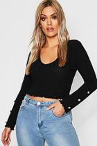 Boohoo Plus Ribbed Gold Button V Neck Top
