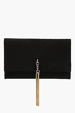 Boohoo Metal Tassel Suedette Clutch And Chain
