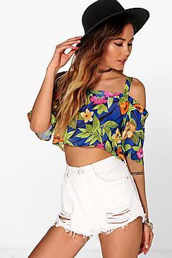 Boohoo Laura Tropical Print Open Shoulder Top