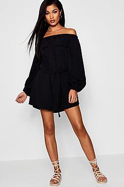 Boohoo Olivia Off The Shoulder Safari Pocket Shift Dress