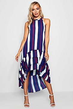 Boohoo Mila Stripe Clipped Hem Tiered Shift Dress