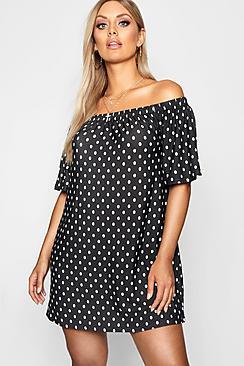 Boohoo Plus Spot Print Off The Shoulder Dress