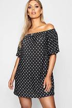 Boohoo Plus Spot Print Off The Shoulder Dress