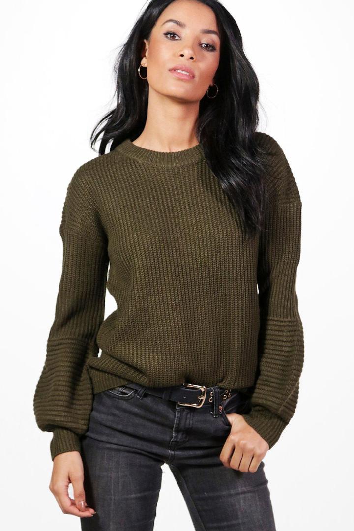 Boohoo Jessica Rib Detail Sleeve Oversized Jumper Khaki