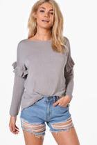 Boohoo Lucy Ruffle Sleeve Fine Knit Jumper Grey