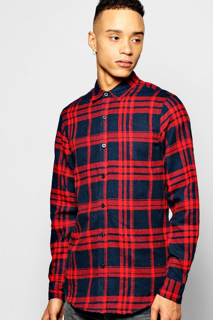 Boohoo Buffalo Flannel Shirt With Frayed Hem Red