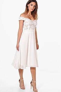 Boohoo Lace Chiffon Off Shoulder Midi Dress