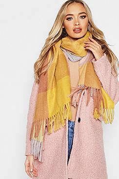 Boohoo Mustard Colour Block Check Woven Scarf