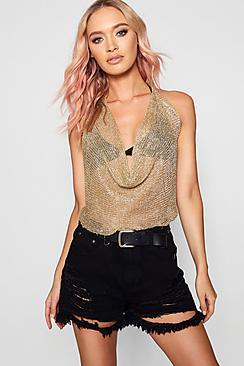 Boohoo Leah Metallic Knitted Halterneck Top