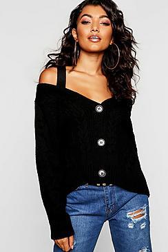 Boohoo Cold Shoulder Cable Knit Cardigan