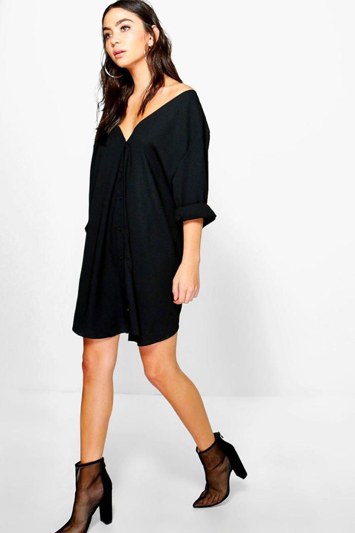 Boohoo Sade V Neck Off Shoulder Shirt Dress Black