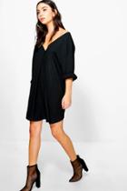 Boohoo Sade V Neck Off Shoulder Shirt Dress Black