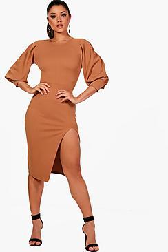 Boohoo Puff Sleeve Thigh Split Midi Dress