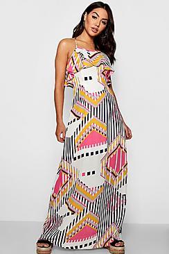 Boohoo Dahlia Ruffle Backless Geo Maxi Dress