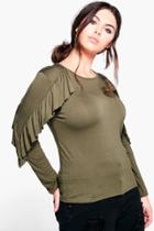 Boohoo Plus Maya Frill Long Sleeve Top Khaki