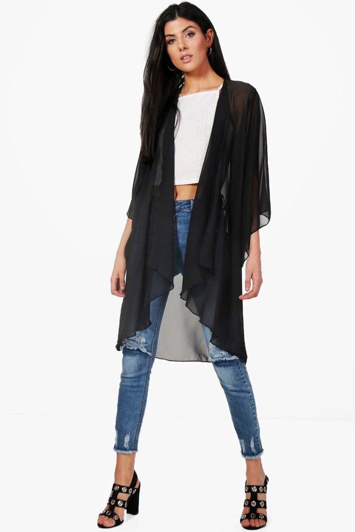 Boohoo Freya Waterfall Chiffon Kimono Black