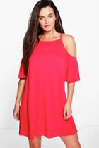 Boohoo Lucia Strappy Textured Cold Shoulder Swing Dress Red