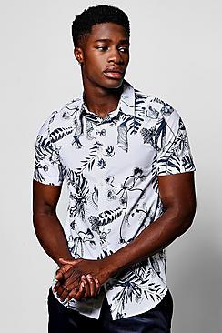 Boohoo White Jungle Floral Print Short Sleeve Shirt