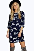 Boohoo Lucia Floral Print 3/4 Sleeve Shift Dress Navy