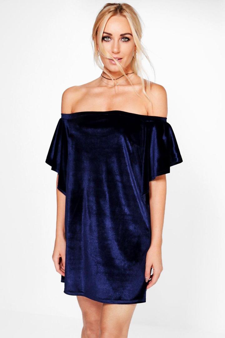 Boohoo Adina Velvet Frill Off Shoulder Shift Dress Navy