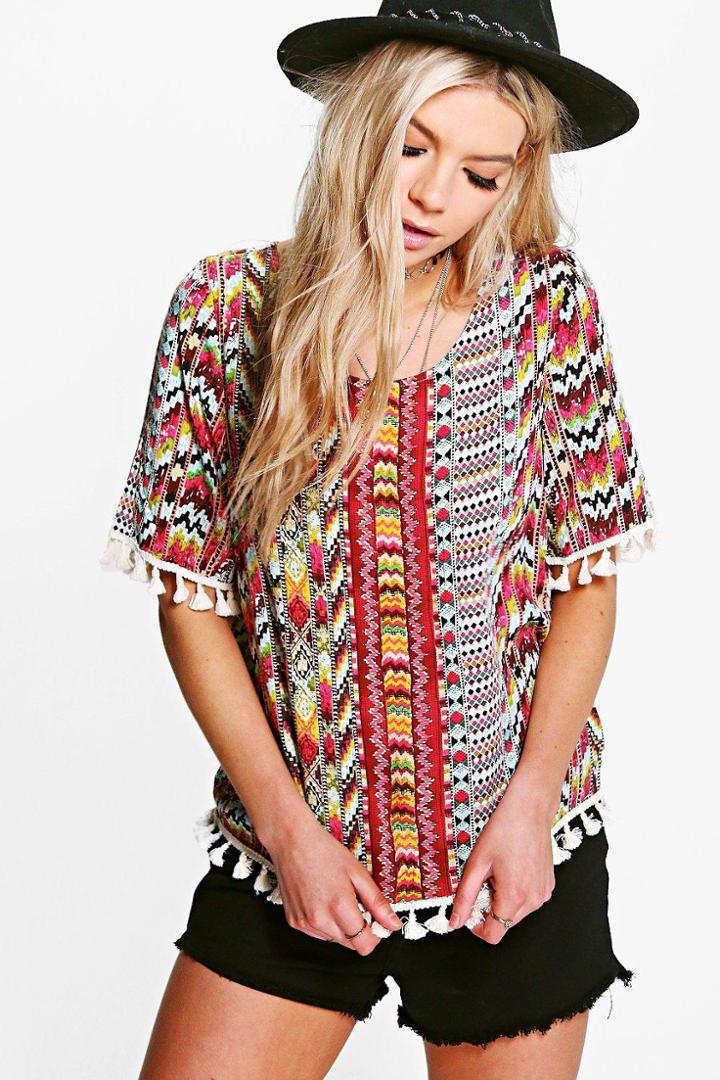 Boohoo Liz Tassel Trim Printed Tee Multi