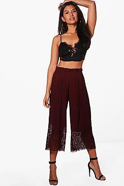 Boohoo Royah Pleated Lace Hem Wide Leg Culottes