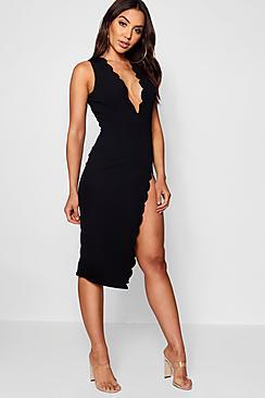 Boohoo Kara Scallop Plunge Neck Midi Dress