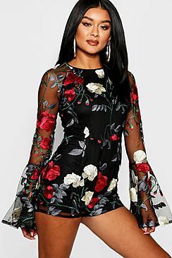 Boohoo Embroidered Floral Flared Sleeve Playsuit
