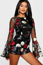 Boohoo Embroidered Floral Flared Sleeve Playsuit