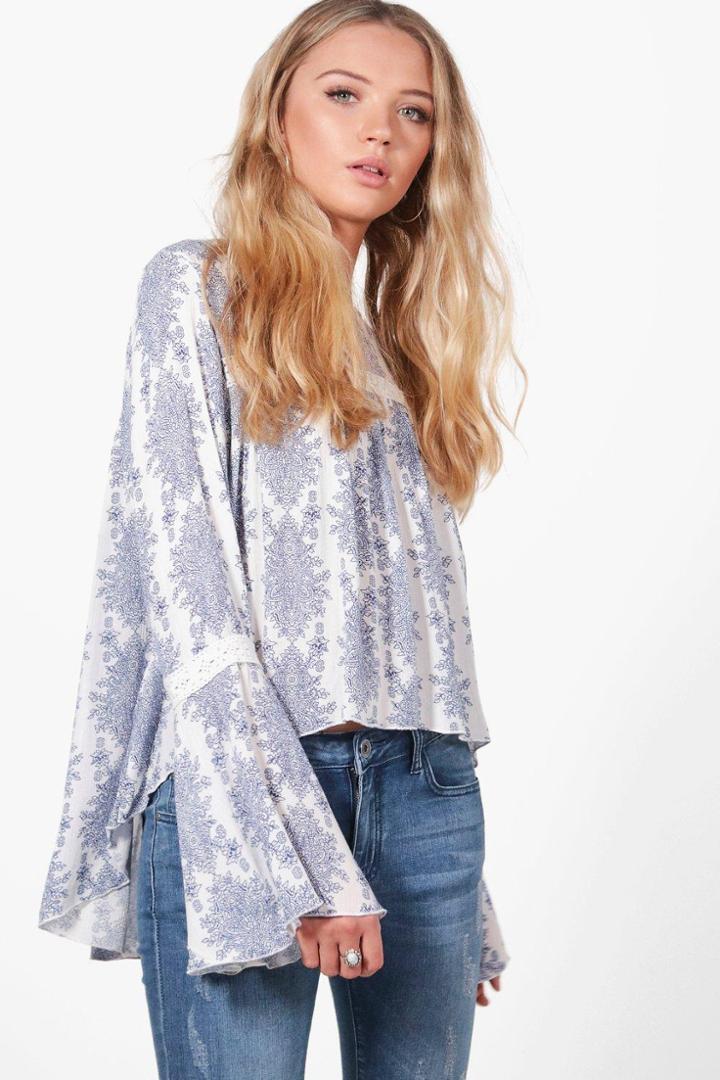 Boohoo Ellie Printed Crochet Trim Blouse Ivory