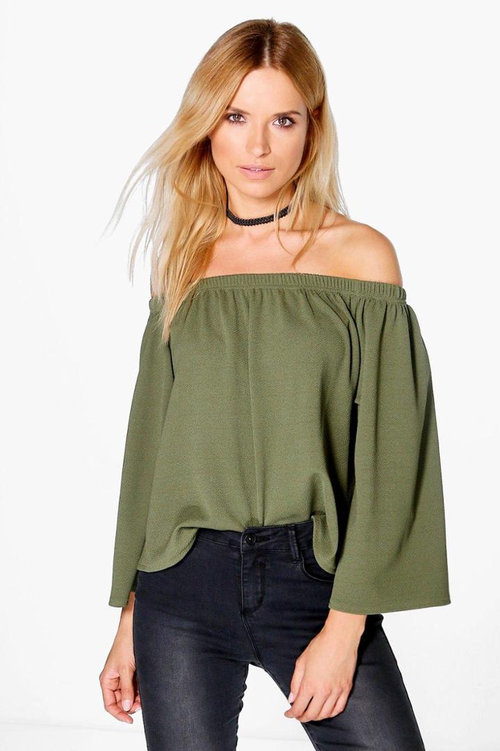 Boohoo Ella Off The Shoulder Top Khaki