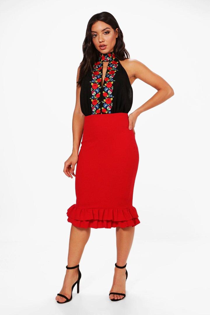Boohoo Anita Double Ruffle Crepe Midi Skirt Red