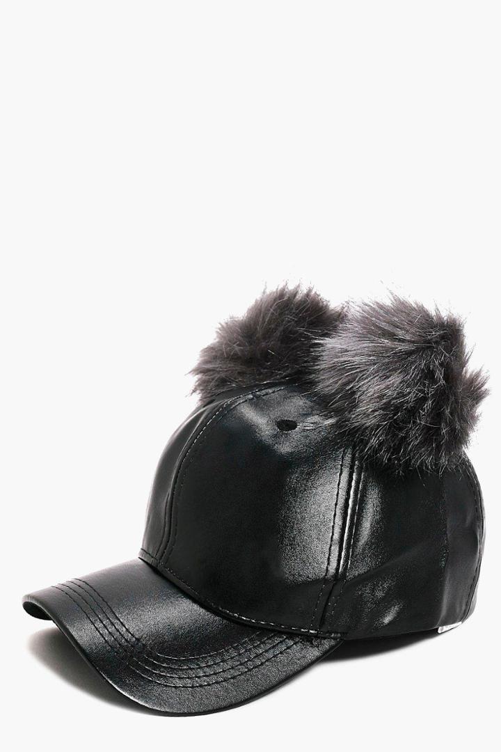 Boohoo Paige Double Pom Baseball Cap Black