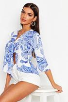 Boohoo Woven Porcelain Print Tie Top