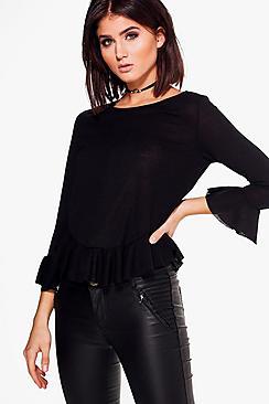 Boohoo Lauren Ruffle Hem & Cuff Knitted Top