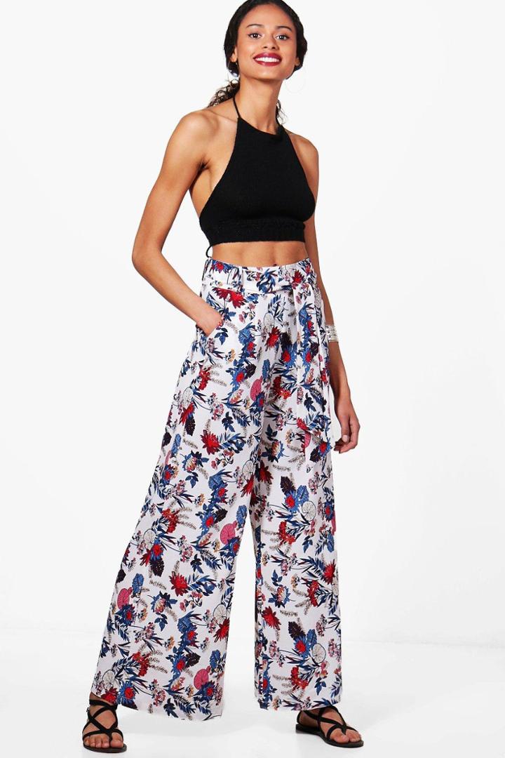 Boohoo Lua Bohemian Floral Wide Leg Trousers Ivory