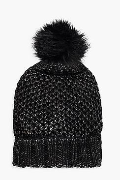 Boohoo Metallic Faux Fur Pom Beanie