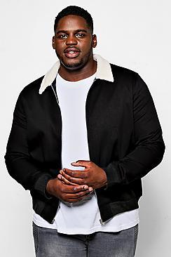 Boohoo Big And Tall Cotton Bomber With Borg Collar
