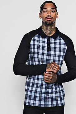 Boohoo Long Sleeve Check Print Polo With Raglan Sleeves