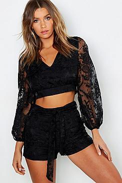 Boohoo Lace Pocket Balloon Sleeve + Short Co-ord