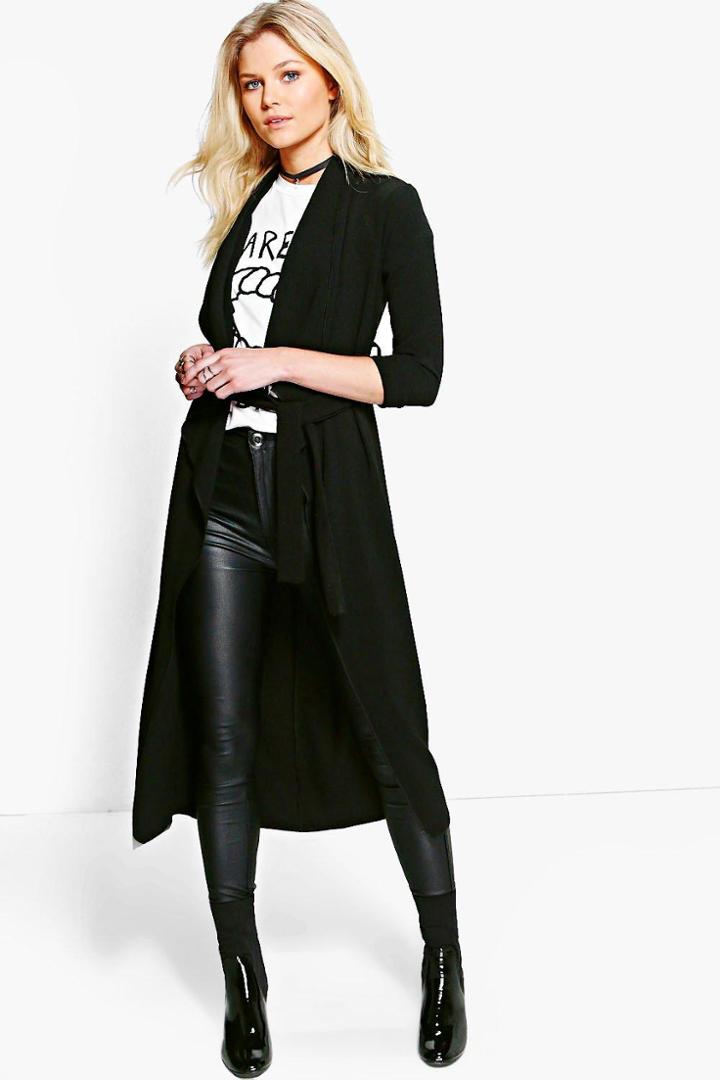 Boohoo Petite Emilie Woven Waterfall Belted Duster Black