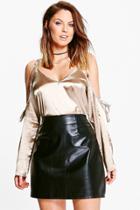 Boohoo Rosie Tie Cold Shoulder Satin Top Stone
