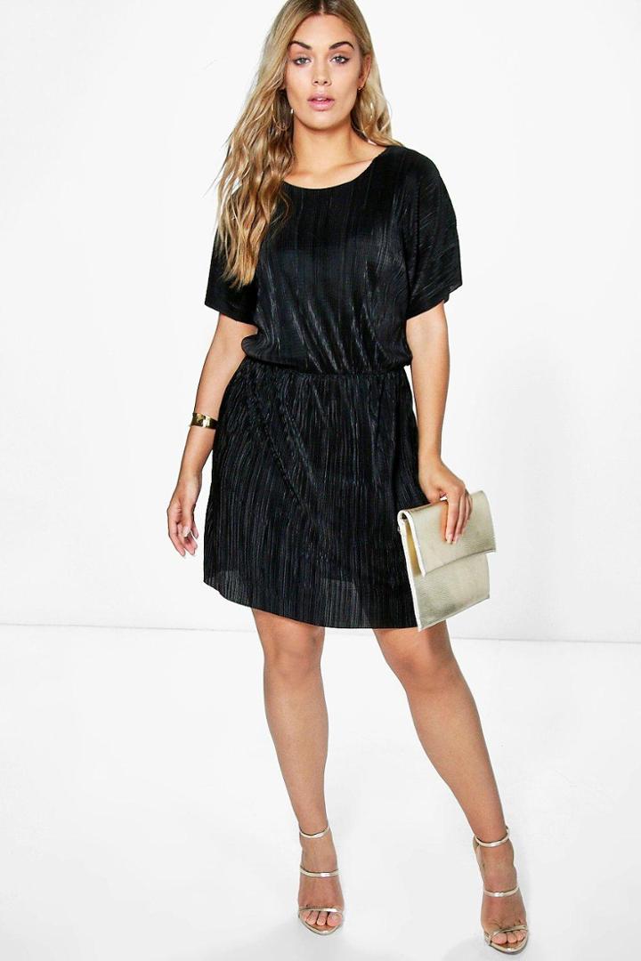 Boohoo Plus Josie Shimmer Crinkle Double Layer Dress Black