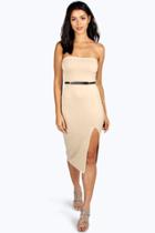 Boohoo Claire Bandeau Belted Midi Bodycon Dress Stone